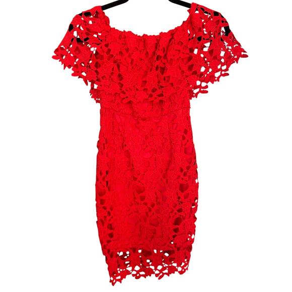 Lulus Women's Genevieve Red Off the Shoulder Lace Mini Dress Size Small - Picture 3 of 5